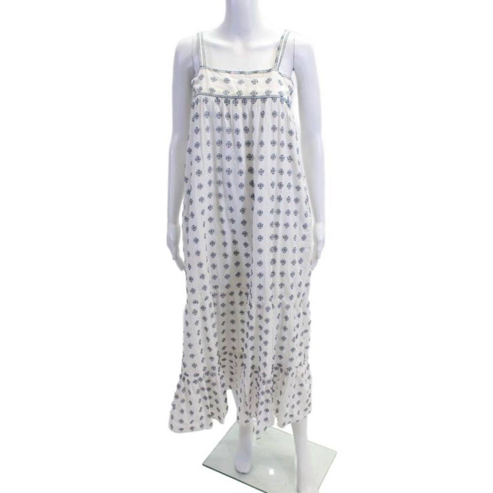Pomegranate Women White Floral Maxi Sundress Cotton Square Neck Size XS